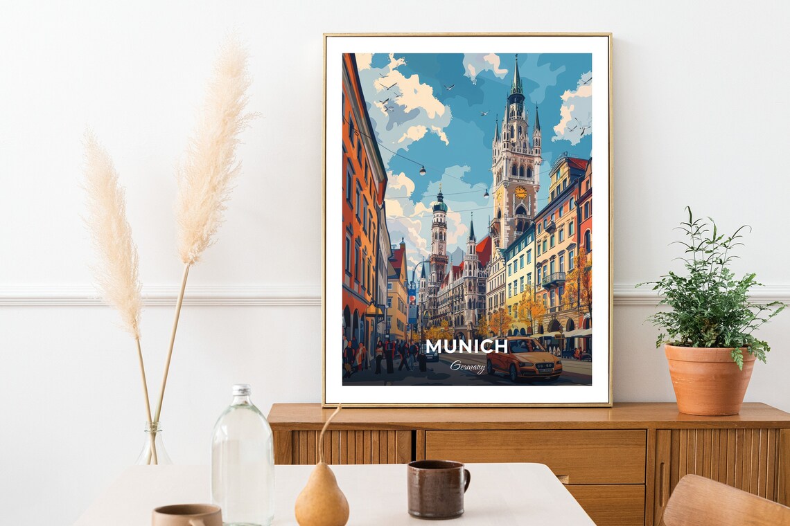 Munich Marienplatz New Town Hall Tower Street Scene Travel Poster - Image 2