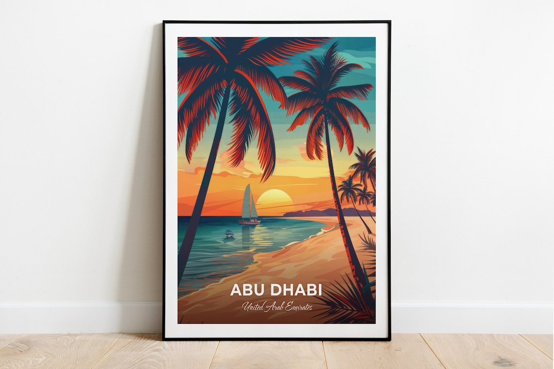 Abu Dhabi UAE Yas Island Sunset Beach Palms Sailboat Scene Travel Poster