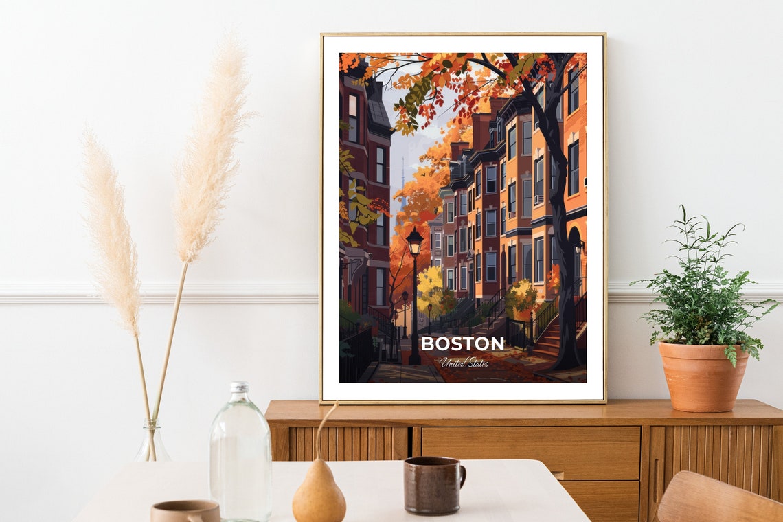 Boston Beacon Hill Autumn Brownstone Street Fall Travel Scene Poster - Image 2