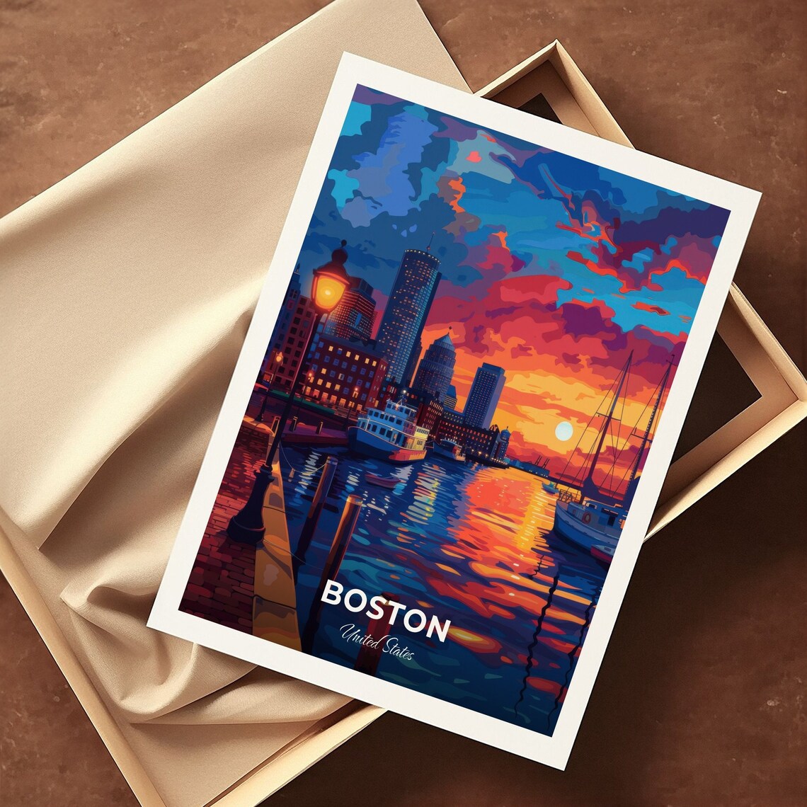 Boston Harbor Glowing Sunset Skyline Cityscape Wall Decor Travel Poster - Image 3