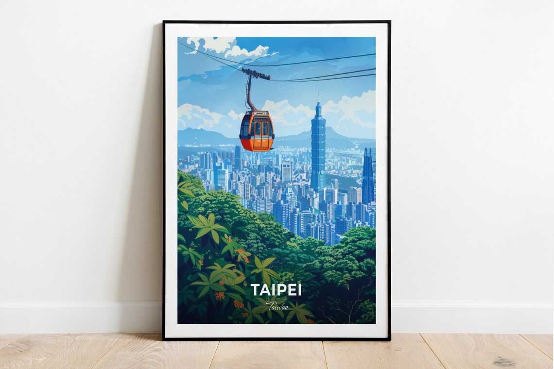 Taipei Maokong Gondola Cable Car City Skyline Taipei 101 Travel Poster