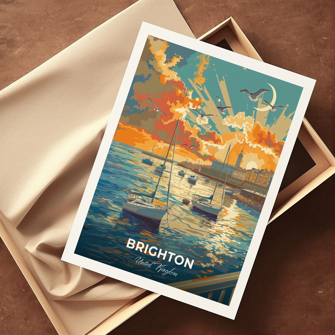 Brighton United Kingdom Marina Sunset Sailboats Gulls Golden Water Poster - Image 3
