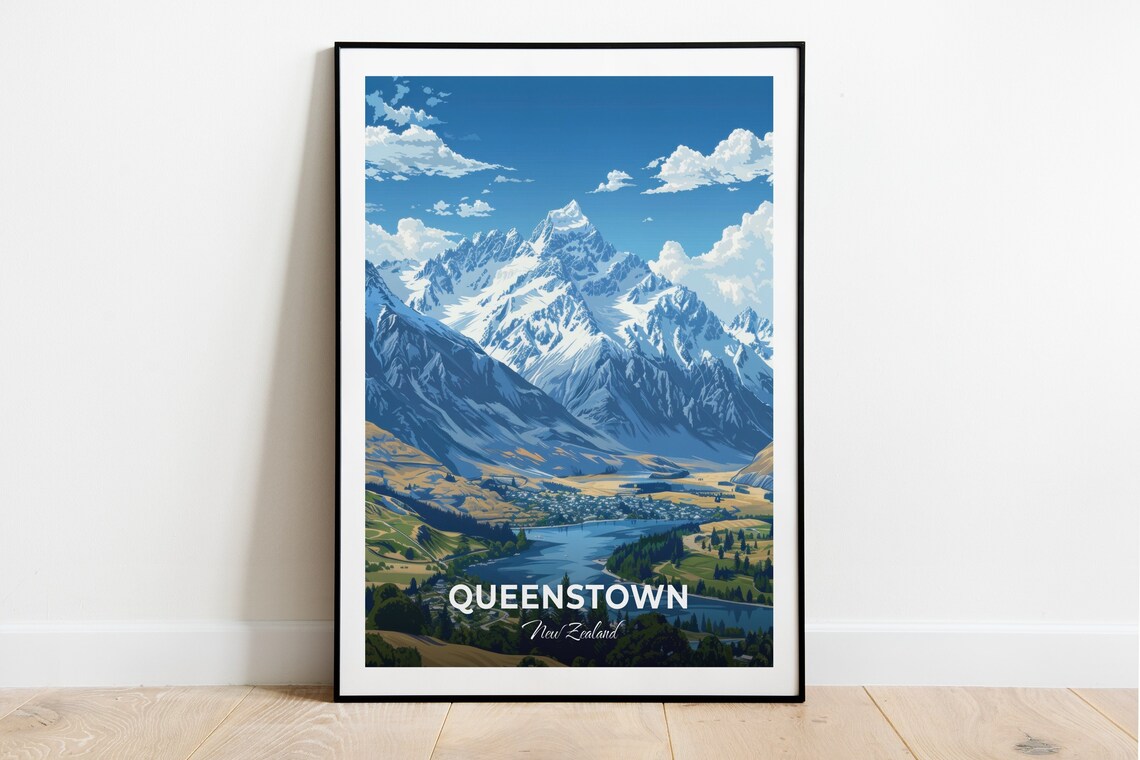 Queenstown Coronet Peak Snowy Mountain Over Lake Travel Poster
