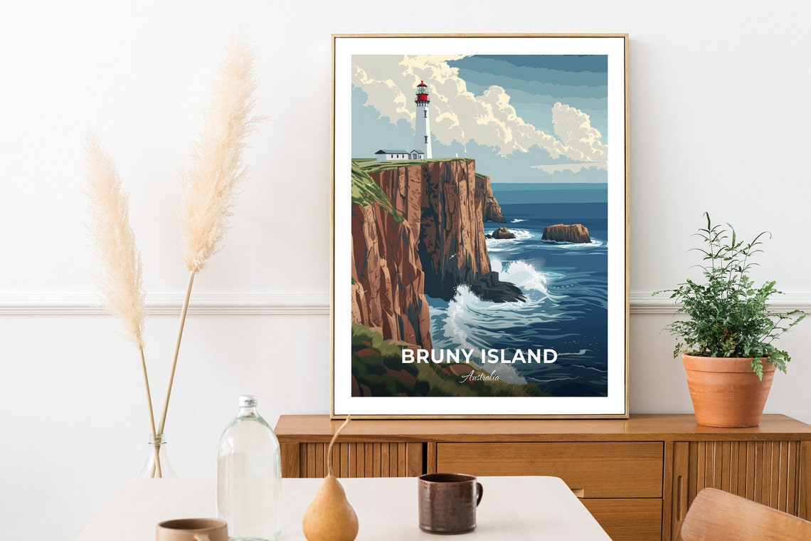 Bruny Island Australia Lighthouse on Red Cliffs Above the Sea Poster - Image 3