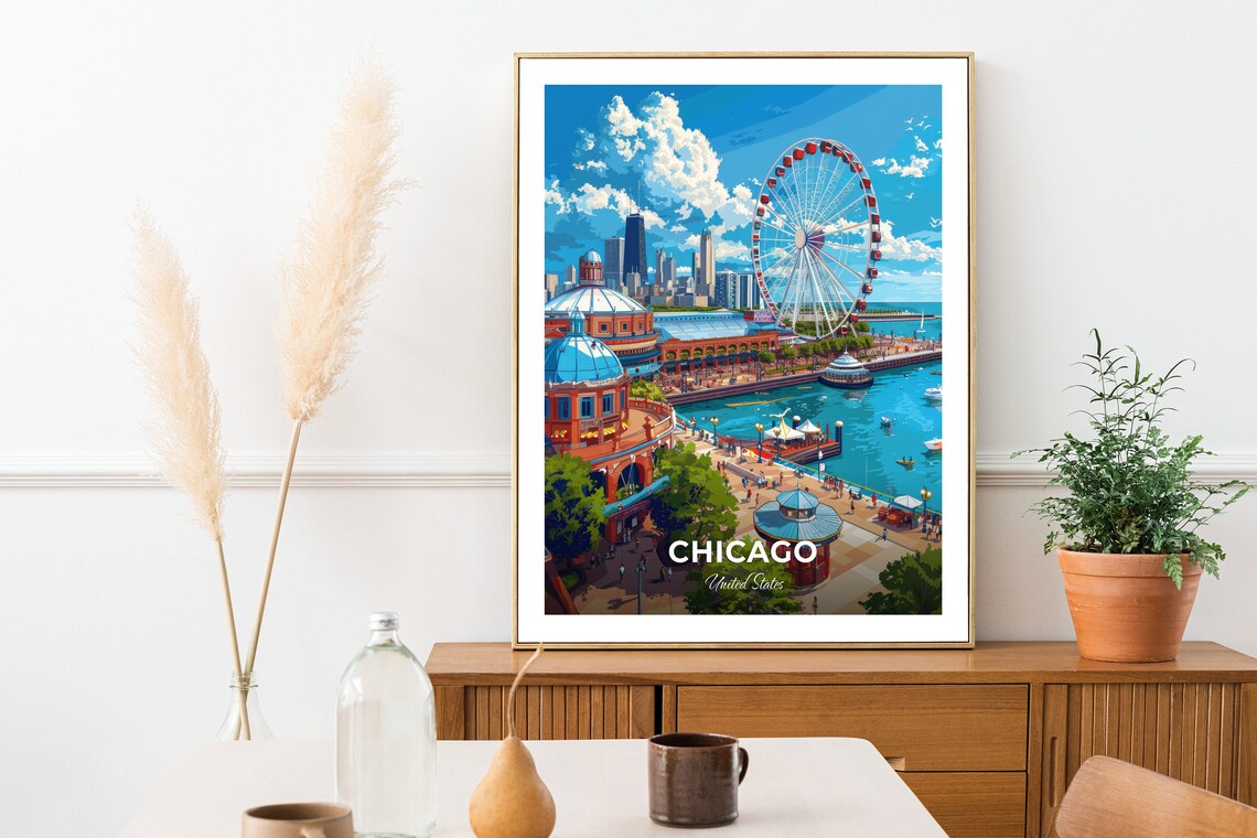 Chicago Navy Pier Ferris Wheel Lakefront Skyline Travel Poster - Image 2