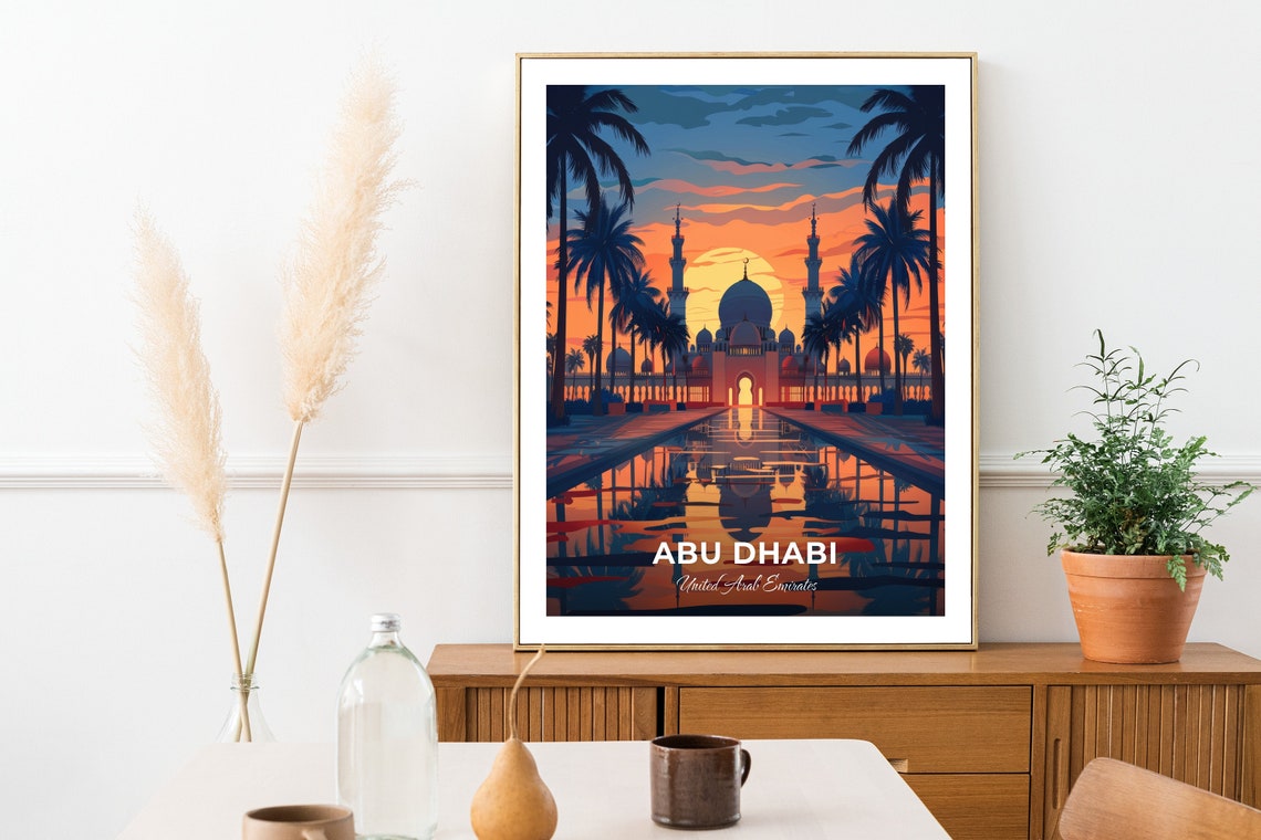 Abu Dhabi UAE Grand Mosque Sunset Palms Reflecting Pool Travel Poster - Image 2