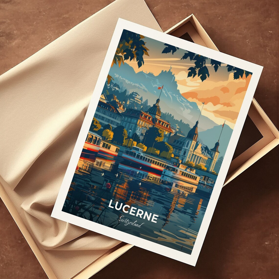 Lucerne Switzerland Lakeside Tour Boats Beneath Grand Mountain Poster - Image 3
