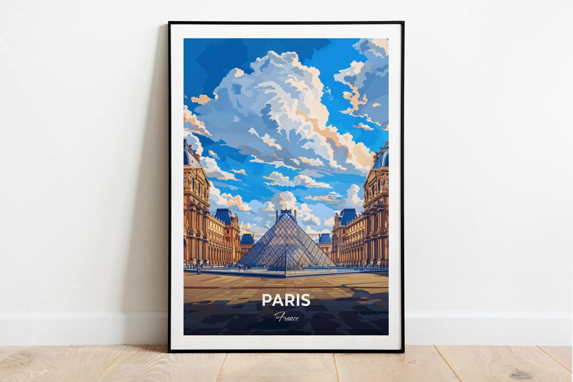 Paris France Louvre Glass Pyramid Museum Courtyard Travel Poster