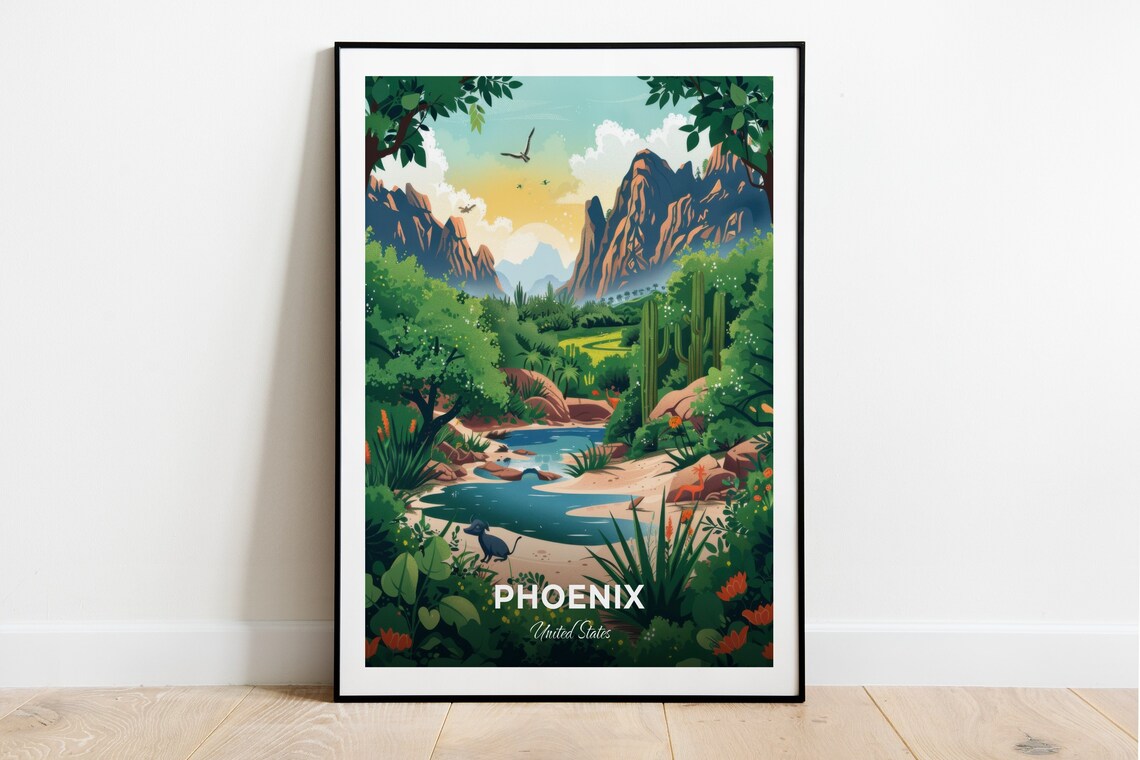 Phoenix Zoo Lush Oasis Palms Stream Mountains United States Poster
