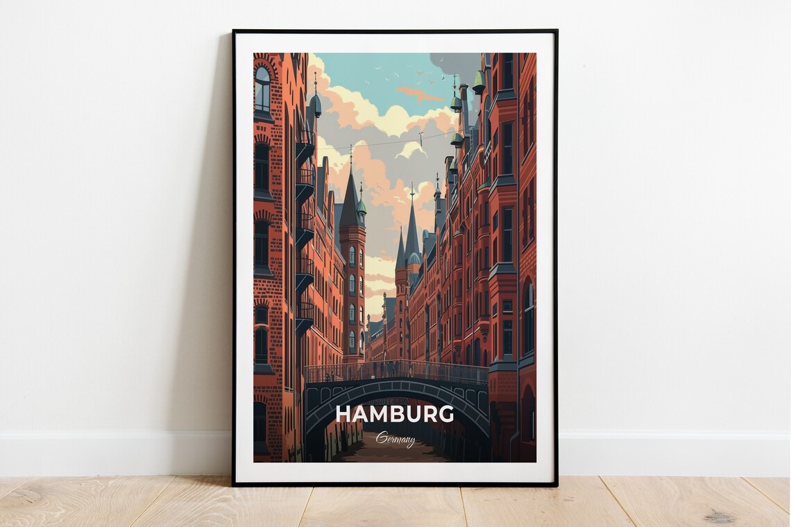 Hamburg Speicherstadt Red Brick Warehouse Canal Travel Poster