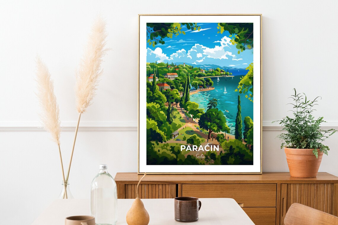Paracin Serbia Riverside Park Cypress Trees Sailboat Travel Poster - Image 2