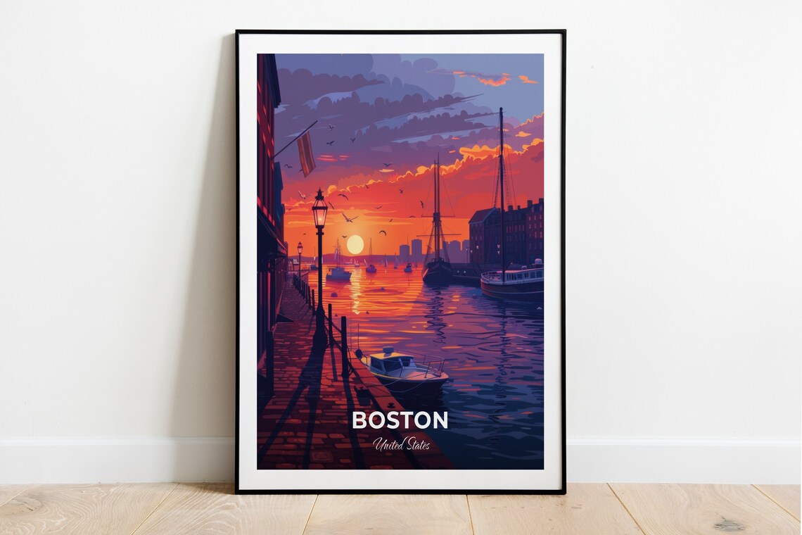 Boston Sunset Harbor Sailboats Boardwalk Waterfront Glow Travel Poster