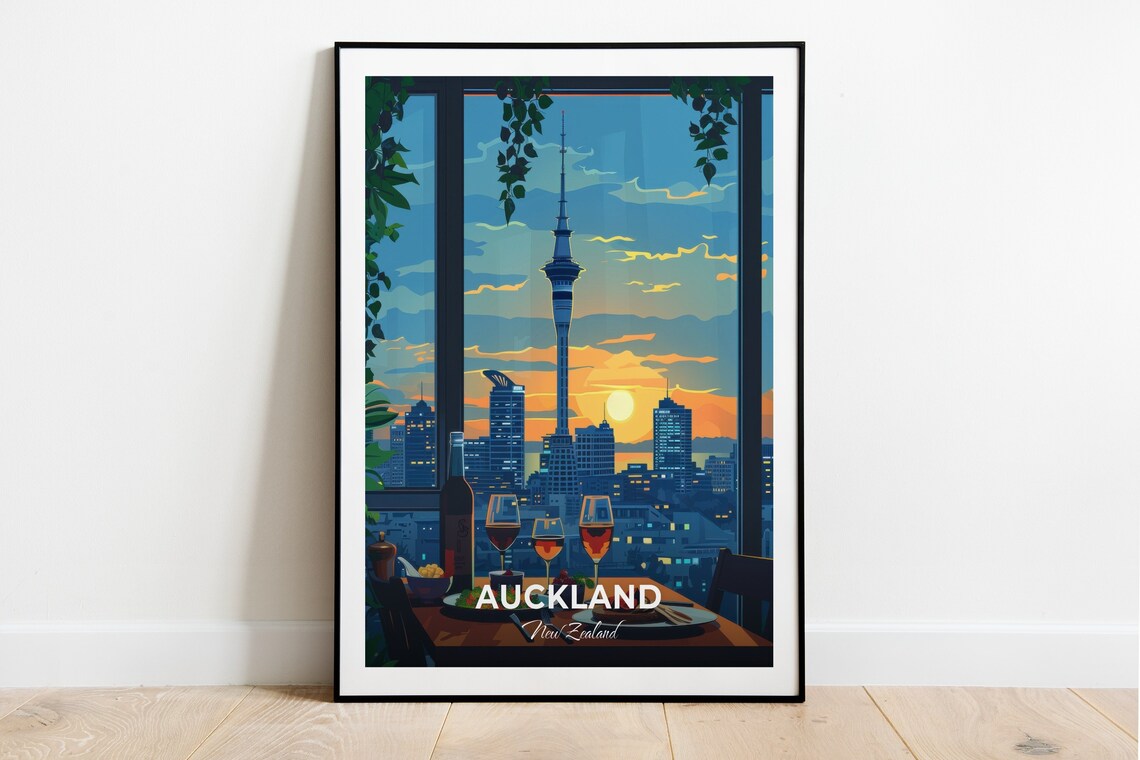 Auckland Sky Tower Sunset Skyline Wine Dinner View New Zealand Poster