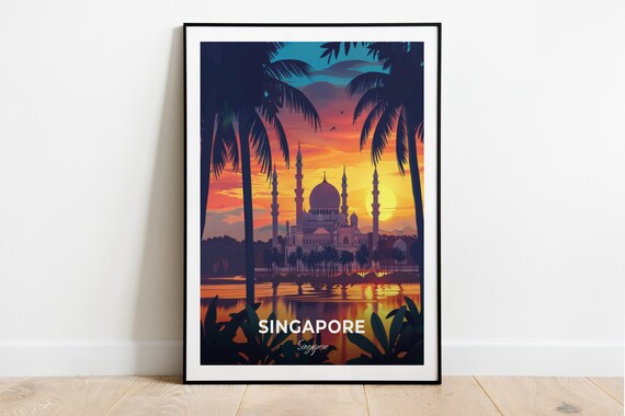 Singapore Sultan Mosque Sunset Palm Trees Cityscape Wall Art