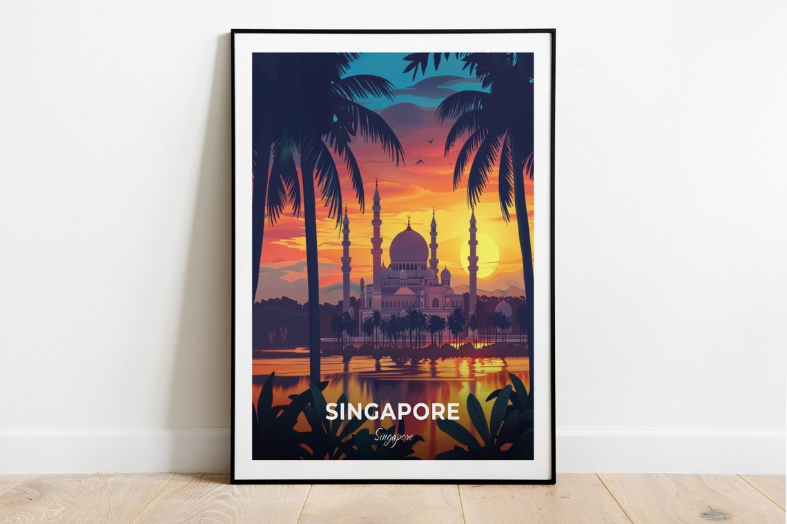 Singapore Sultan Mosque Sunset Palm Trees Cityscape Wall Art
