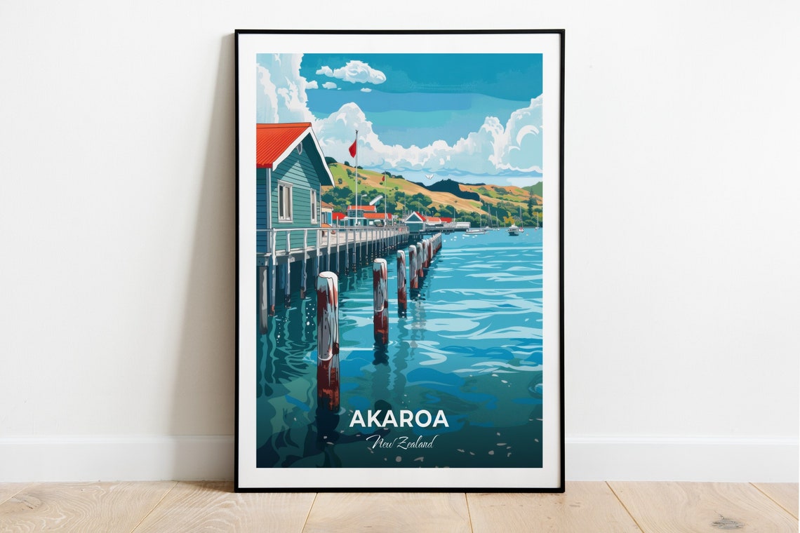 Akaroa New Zealand Wharf Colorful Bay Buildings Green Hills Poster