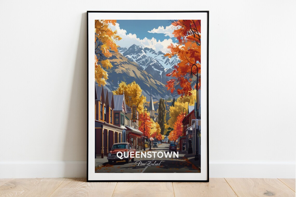 Queenstown Arrowtown Autumn Street Red Car Mountain Travel Poster