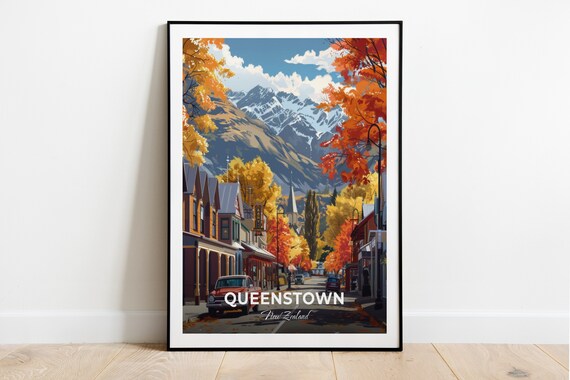 Queenstown Arrowtown Autumn Street Red Car Mountain Travel Poster