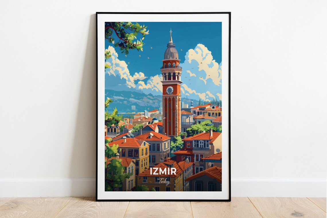 Izmir Historic Clock Tower Over Red Rooftops Turkey Travel Poster