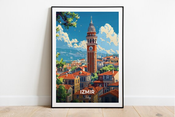 Izmir Historic Clock Tower Over Red Rooftops Turkey Travel Poster