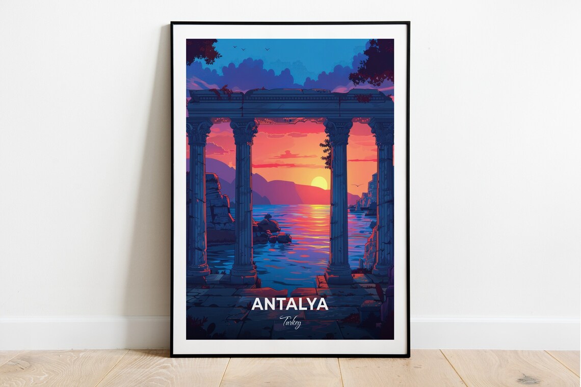 Antalya Temple Columns By The Sea At Sunset Turkey Travel Poster