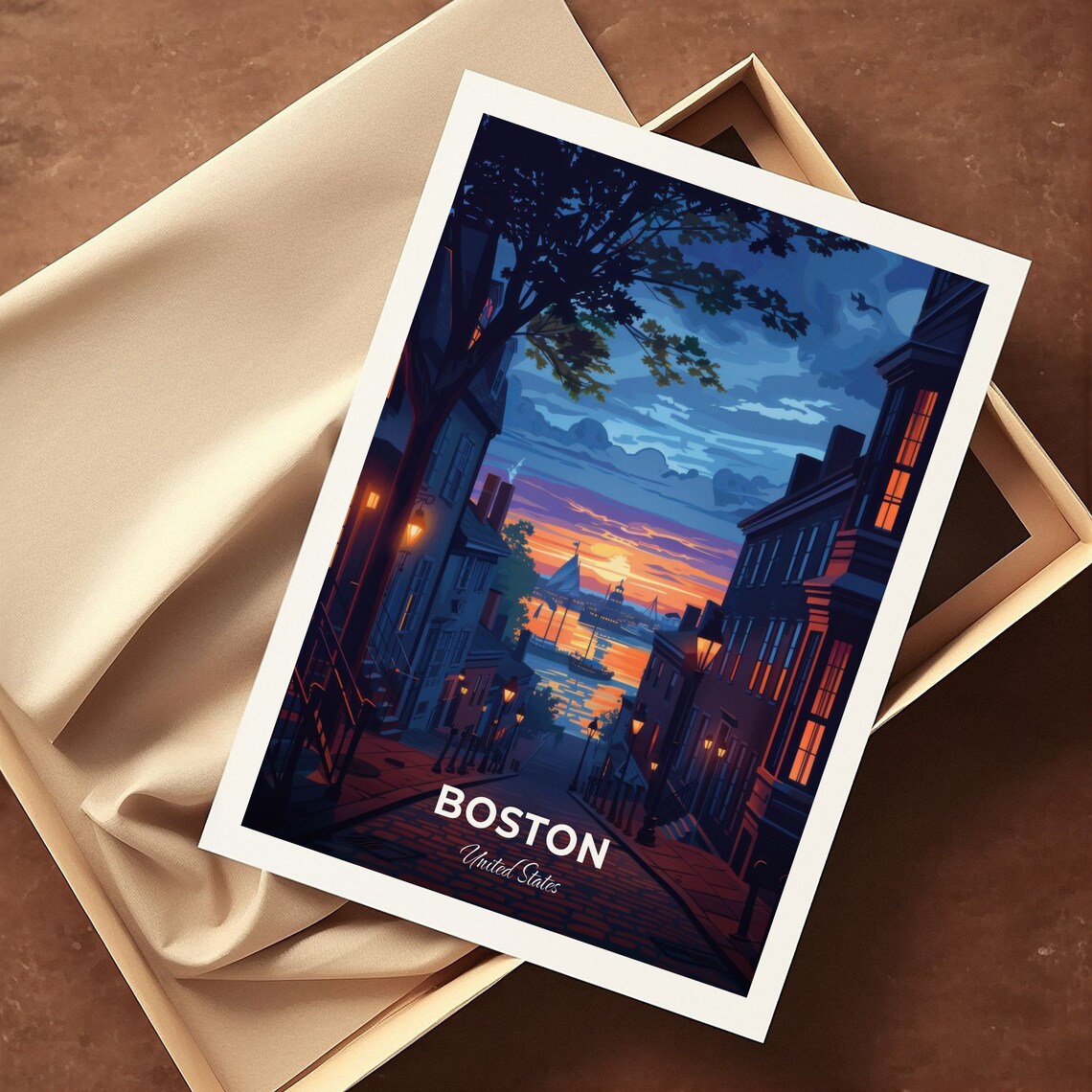 Boston Freedom Trail Cobblestone Street Sunset Travel Scene Poster - Image 3
