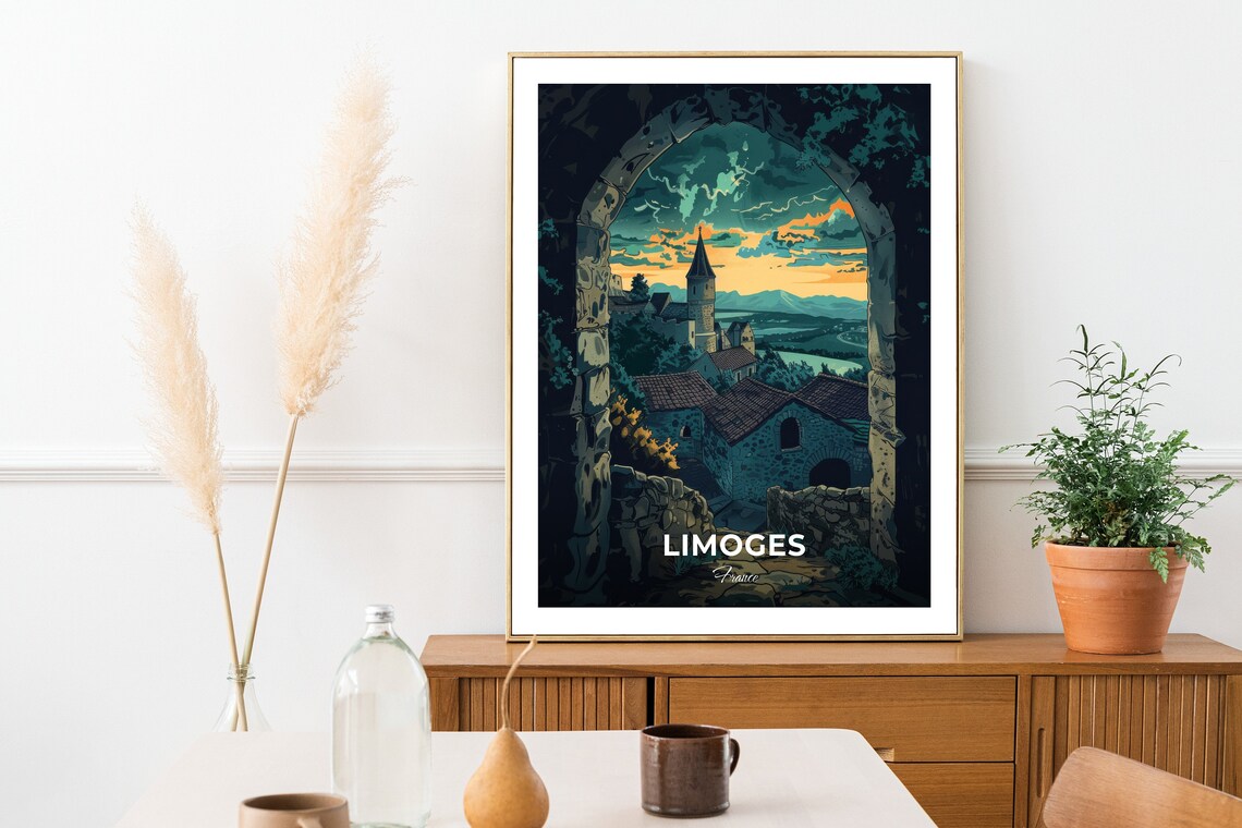 Limoges Stone Arch View of Old Church at Dusk France Heritage Travel Poster - Image 2