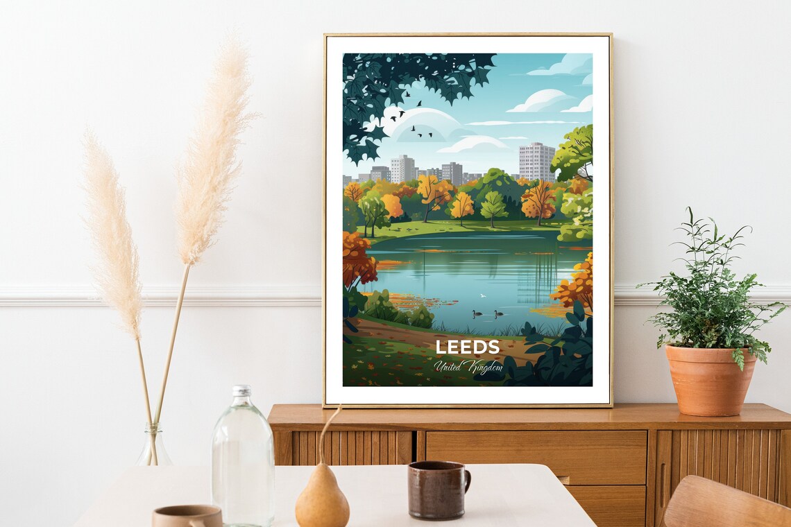 Leeds Roundhay Park Autumn Lake Trees City Skyline Travel Poster - Image 2