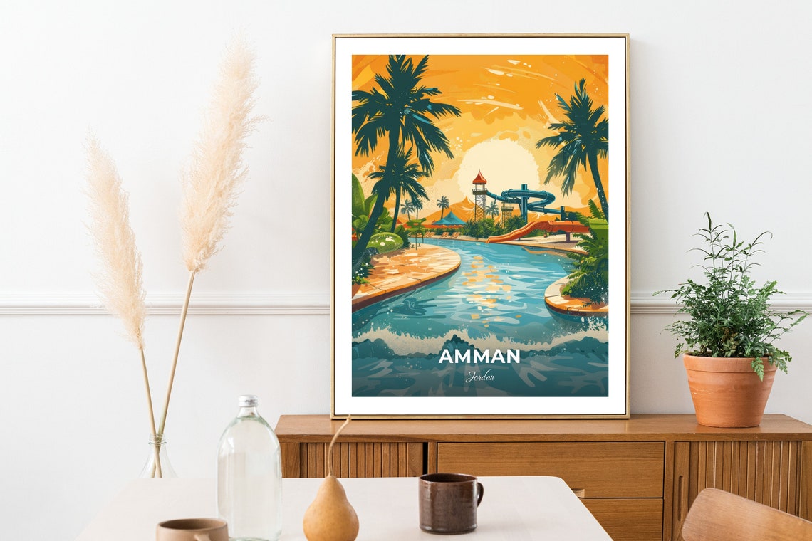 Amman Jordan Water Park Wave Pool Slides Sunset Travel Poster - Image 2