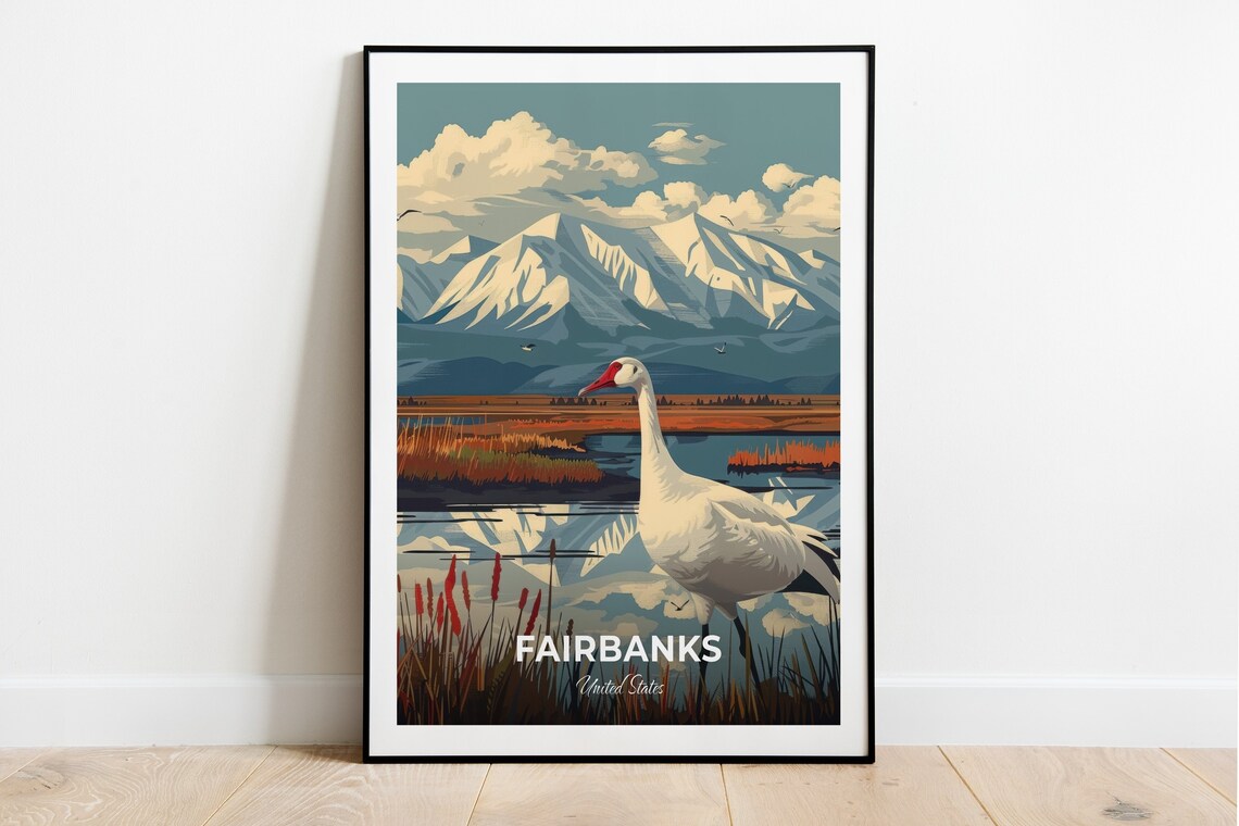 Fairbanks Alaska Wetland Goose Snowy Mountain Wildlife Travel Poster