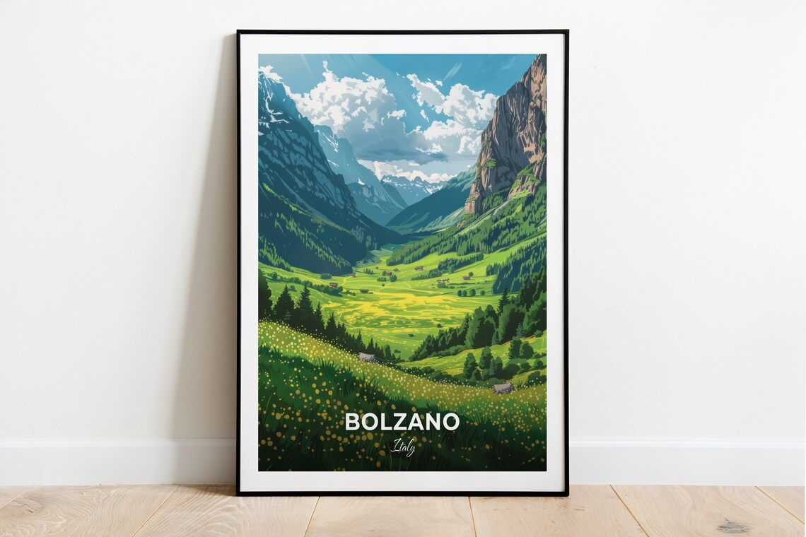Bolzano Italy Lush Green Valley Peaks Meadows Travel Art Poster