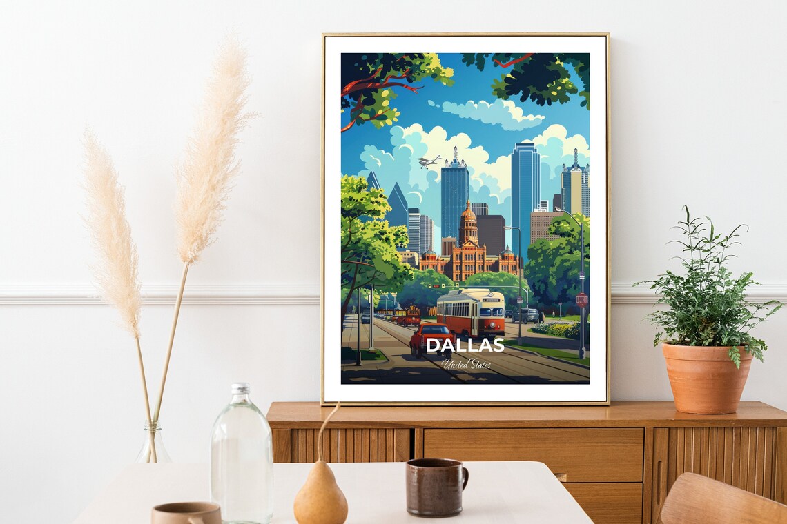 Dallas Dealey Plaza Historic Street Trolley Skyline Travel Poster - Image 2