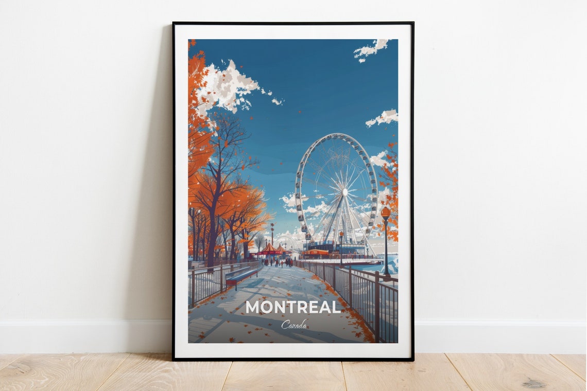 Montreal Canada Ferris Wheel Boardwalk Autumn Leaves Travel Poster