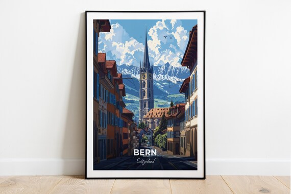Bern Switzerland Munster Old Town Street Alps Backdrop Sunny Poster
