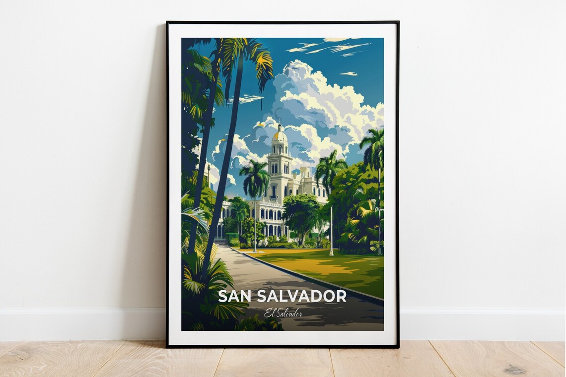 San Salvador National Palace White Dome Landmark Travel Poster