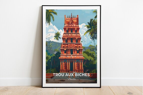Trou aux Biches Mauritius Hindu Temple Gopuram Palm Garden Travel Poster