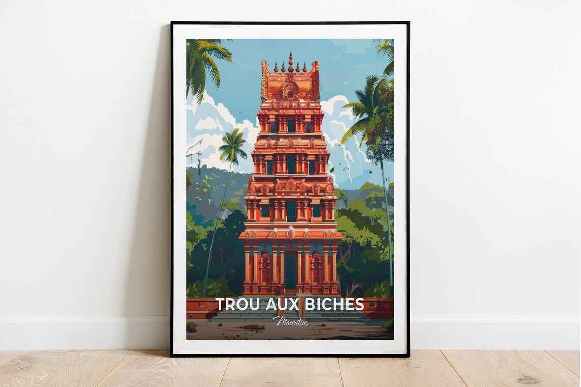 Trou aux Biches Mauritius Hindu Temple Gopuram Palm Garden Travel Poster