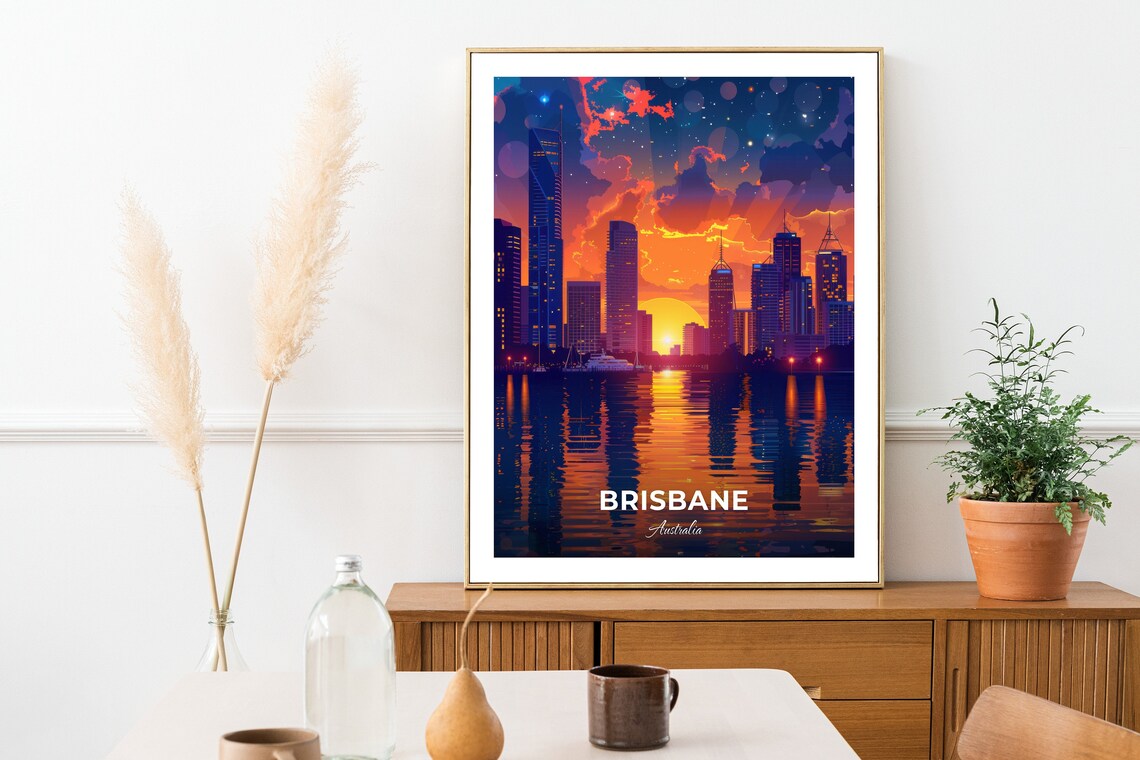 Brisbane Australia City Skyline Reflections on the River at Night Poster - Image 3