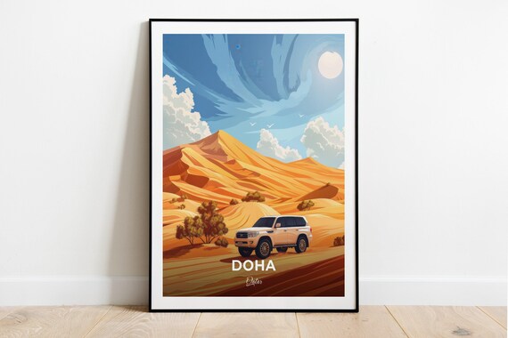 Doha Qatar Desert Dunes White SUV Bright Sun Adventure Travel Poster
