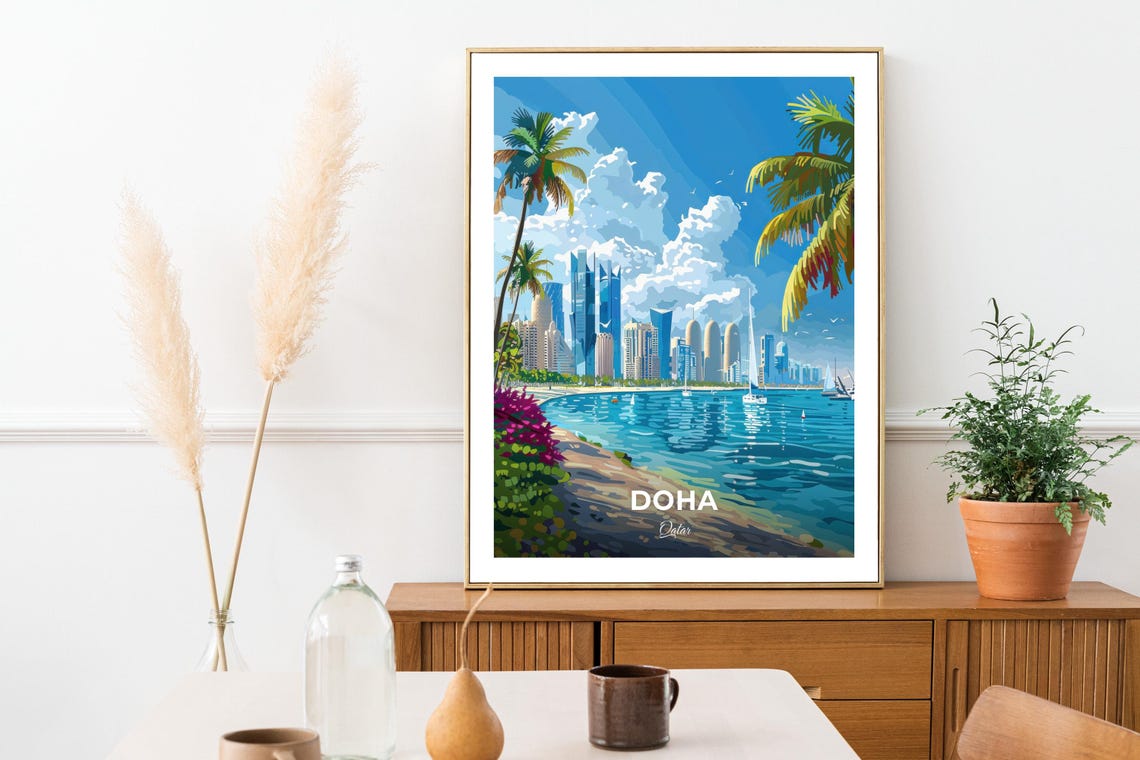 Doha Qatar Pearl Marina Skyline Palms Bay Sail Boat Sunny Poster - Image 3