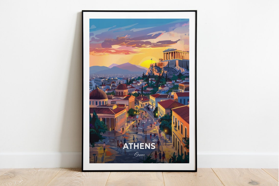 Athens Greece Acropolis Over the City at Sunset Travel Poster