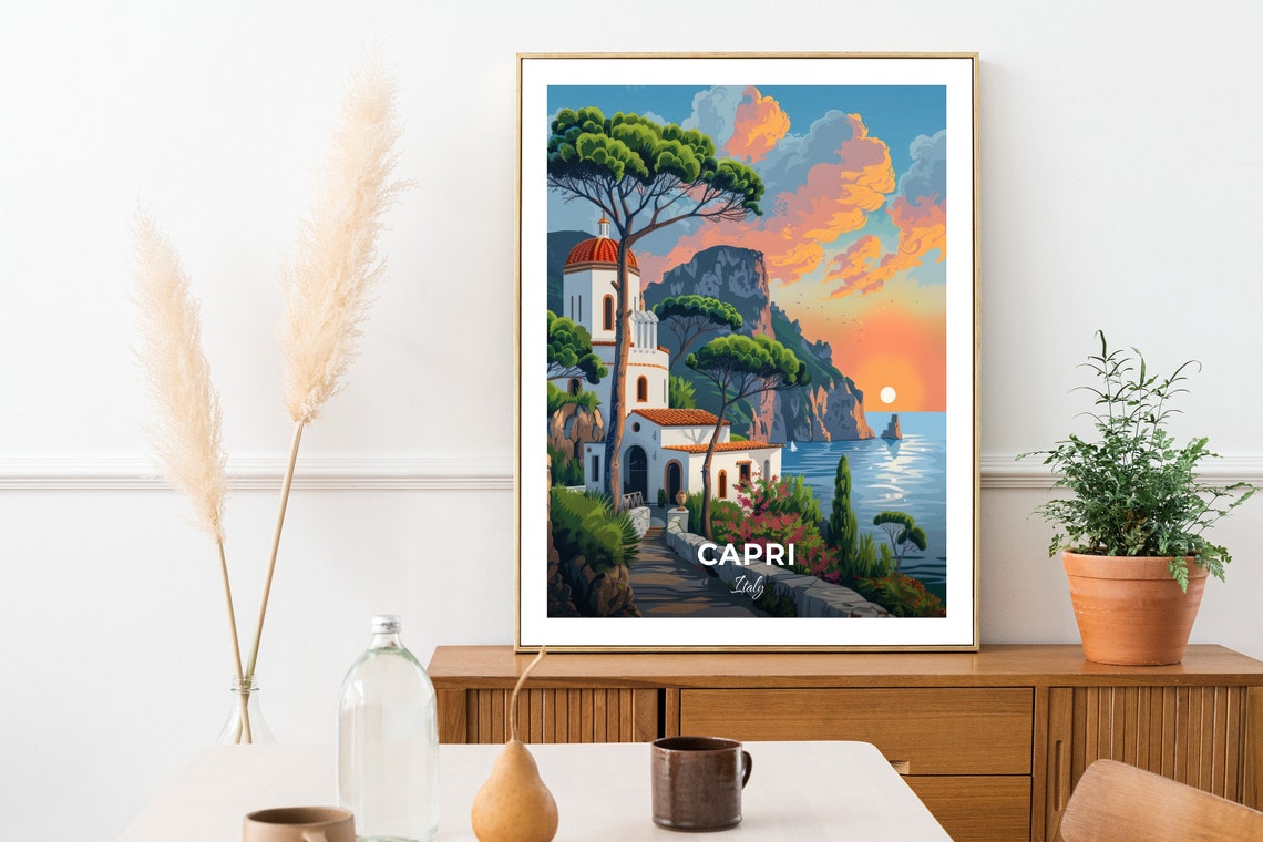 Capri Italy White Monastery Church Sunset Sea Cliffs View Poster - Image 2