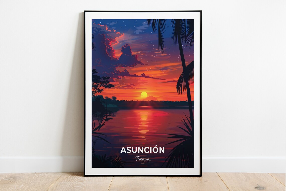 Asunción Paraguay River Sunset Palm Glow Water Travel Poster