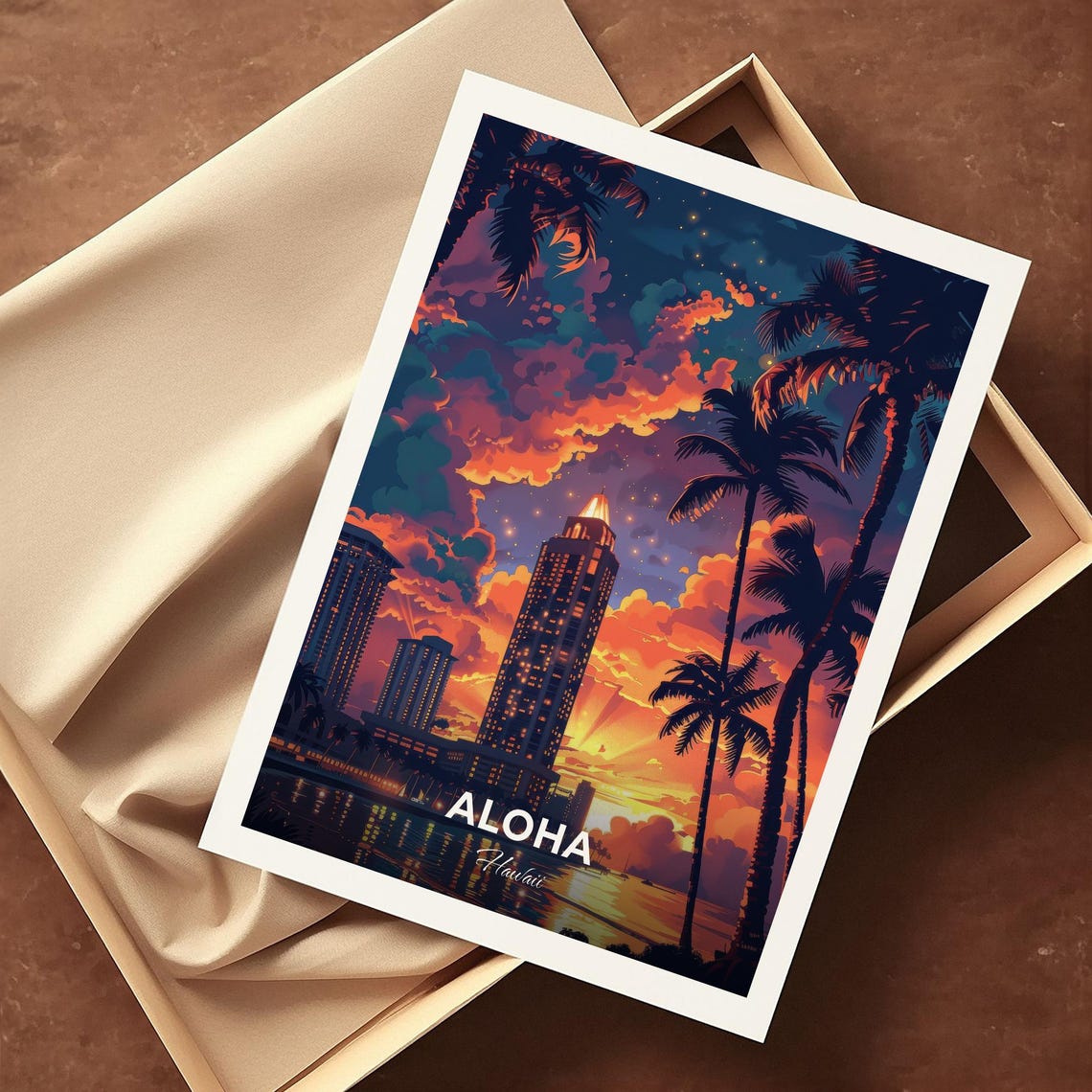 Aloha Hawaii Sunset Skyline Aloha Tower Modern Travel Poster - Image 4