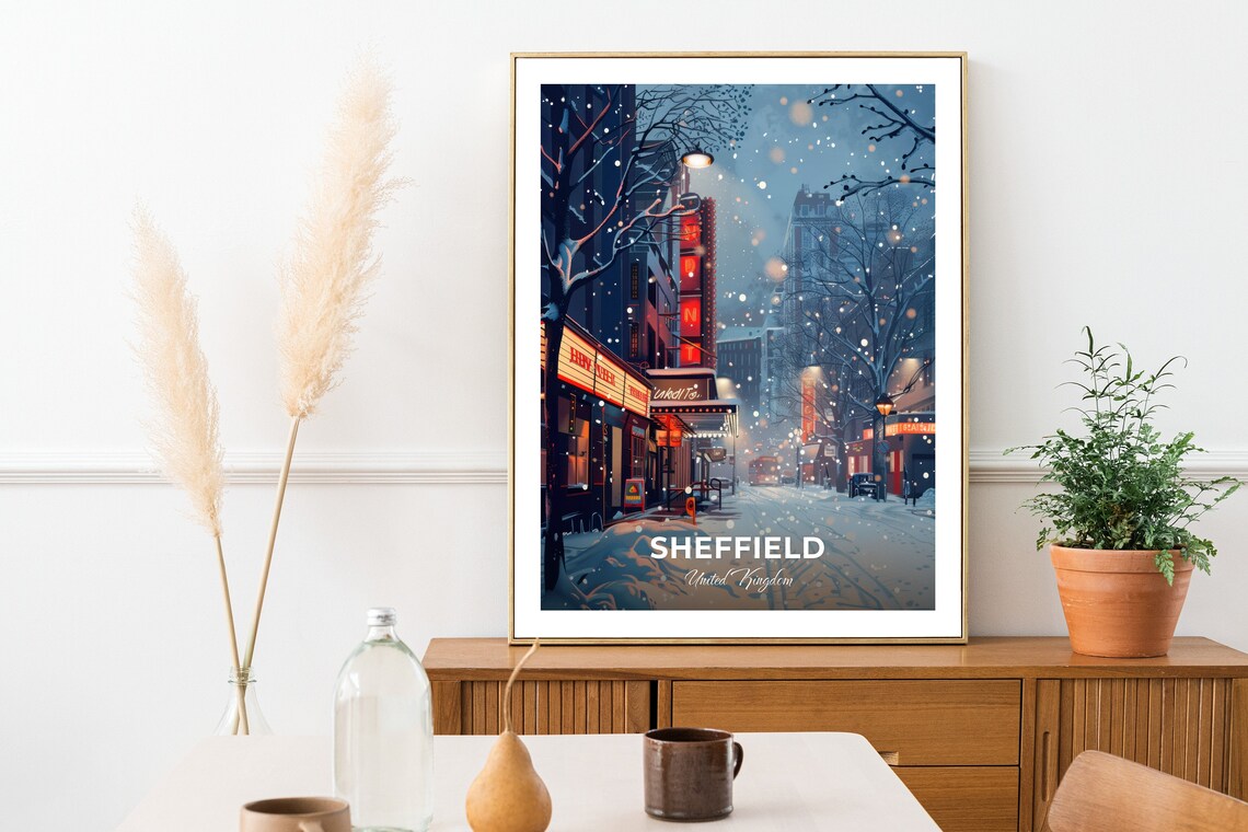 Sheffield United Kingdom Snowy Theatre District Street Night Travel Poster - Image 2