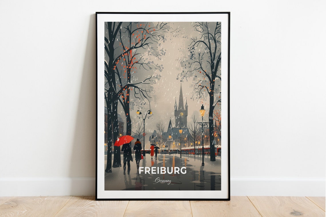 Freiburg Rainy Autumn Street With Red Umbrellas Germany Travel Poster