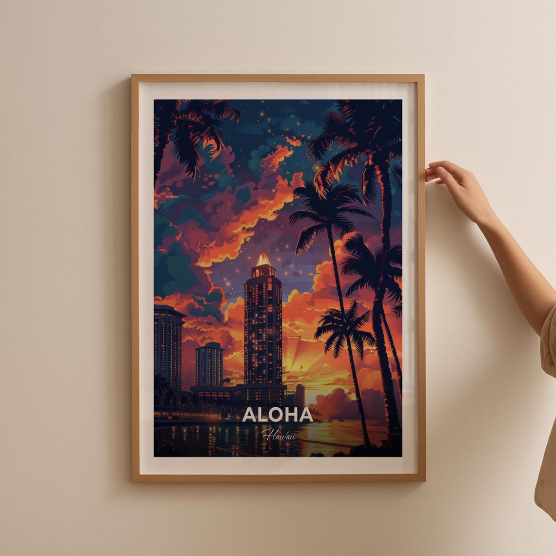 Aloha Hawaii Sunset Skyline Aloha Tower Modern Travel Poster - Image 2