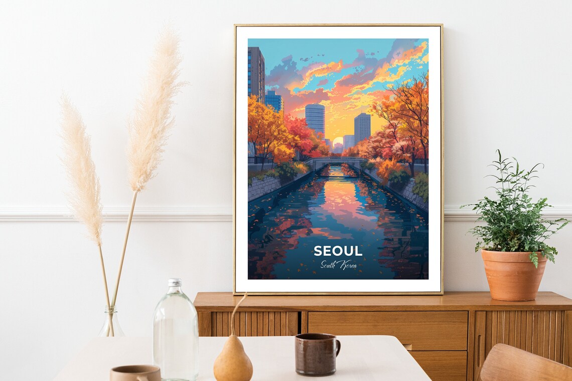 Seoul South Korea Cheonggyecheon Stream Sunset Travel Poster - Image 2