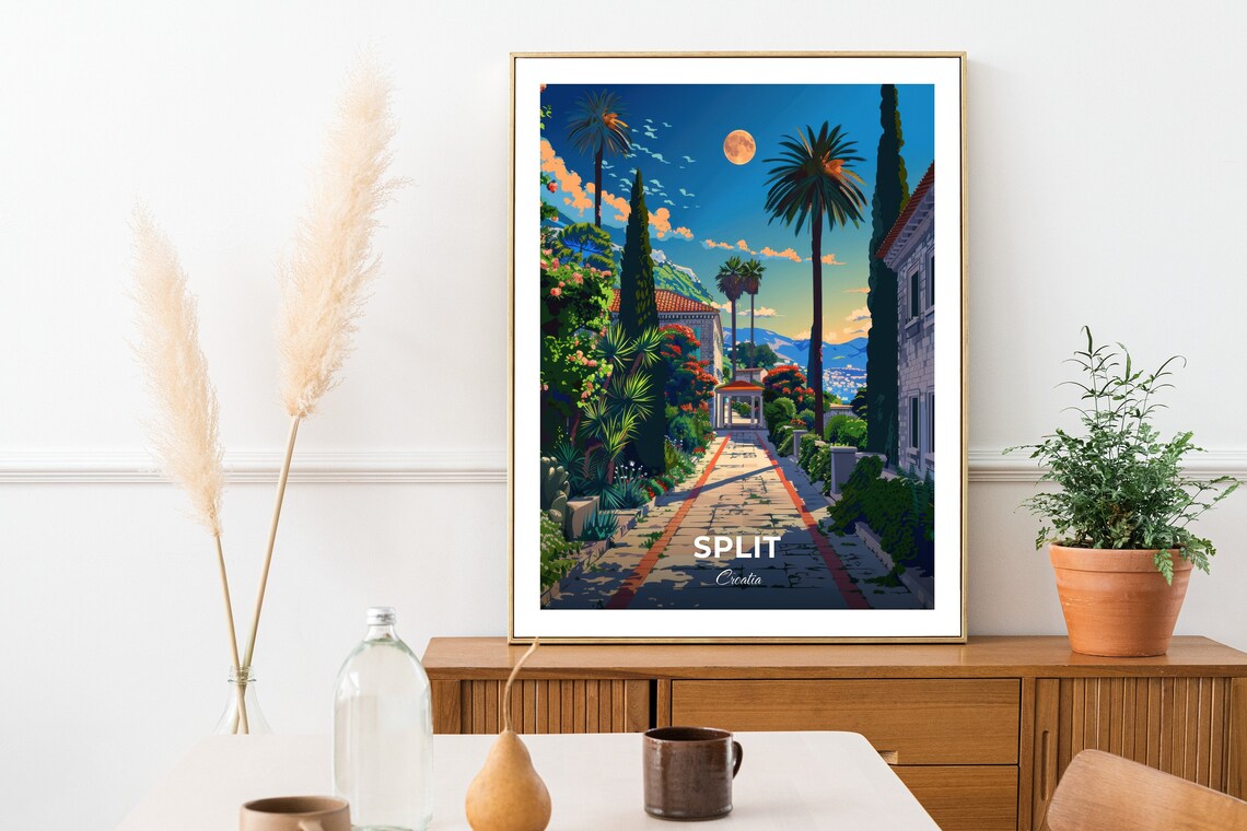 Split Moonlit Garden Pathway At Dusk With Palm Trees Croatia Travel Poster - Image 2