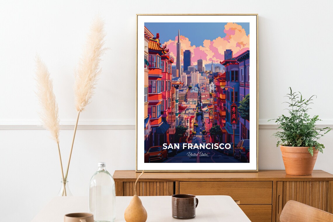 San Francisco Chinatown Street Skyline Transamerica Tower Travel Poster - Image 2